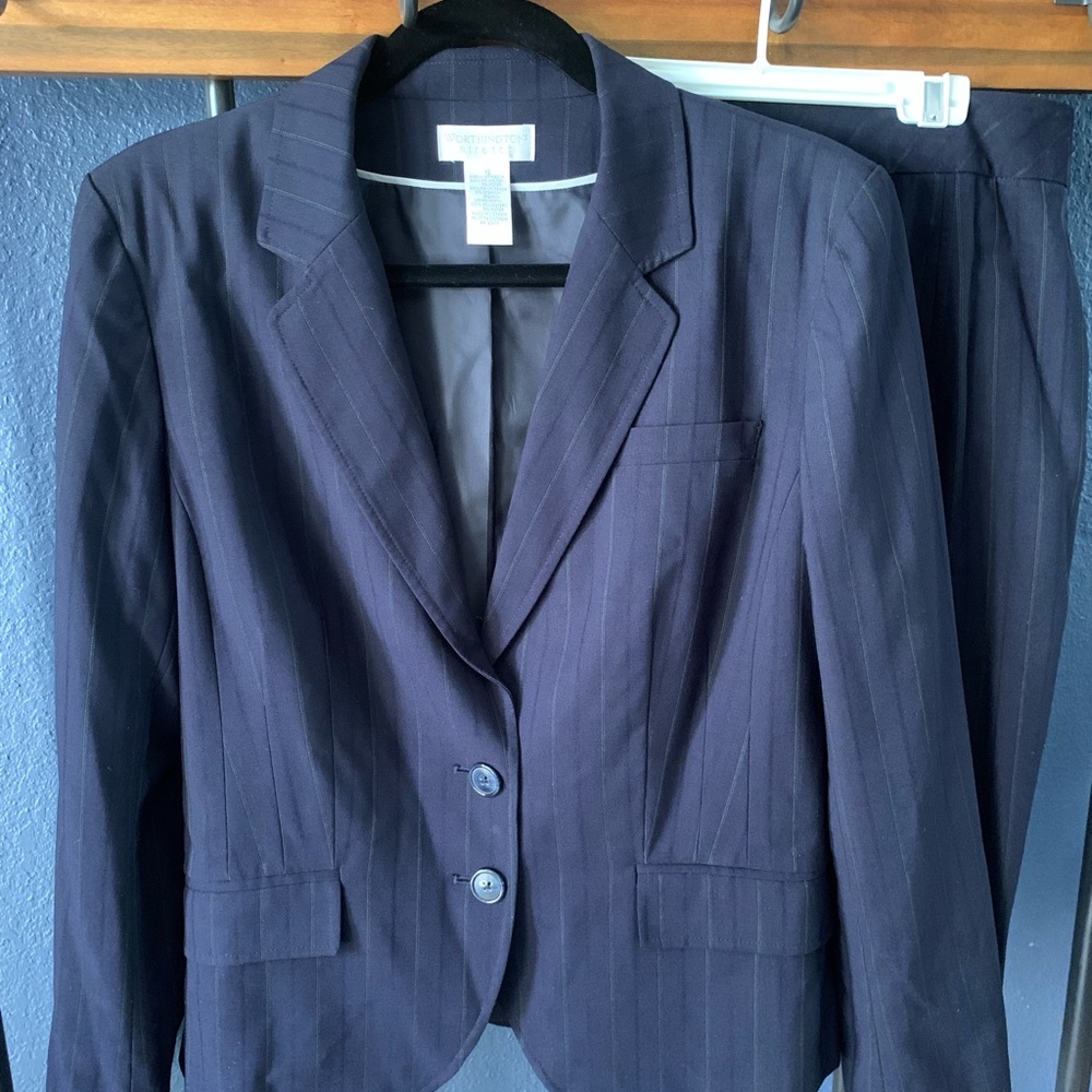 Navy skirt suit with green pin strip. Size 12